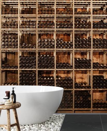 mørkt tilpassbart tapetmaleri for vinkjeller kalt Wine Racks av Image Source for restauranter, kjøkken og kjellere mørkt tilpassbart tapetmaleri for vinkjeller kalt Wine Racks av Image Source for restauranter, kjøkken og kjellere
