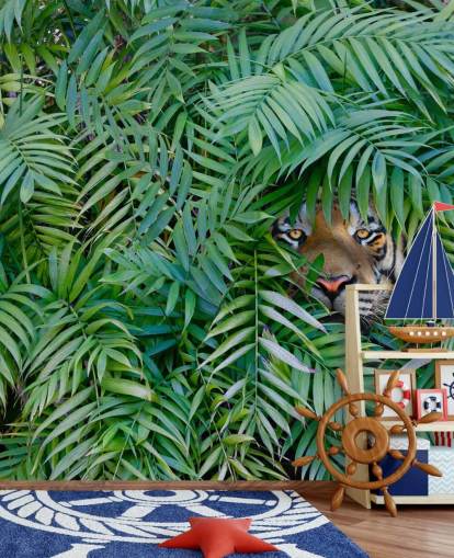 green customisable tiger wallpaper mural called Tiger Hide and Seek for lounges green customisable tiger wallpaper mural called Tiger Hide and Seek for lounges