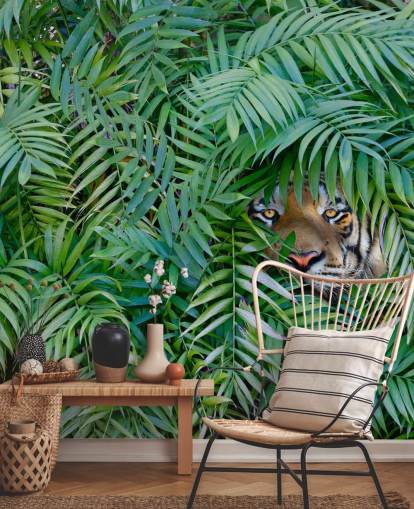 grüne, personalisierbare Tiger-Tapete namens Tiger Hide and Seek für Lounges grüne, personalisierbare Tiger-Tapete namens Tiger Hide and Seek für Lounges