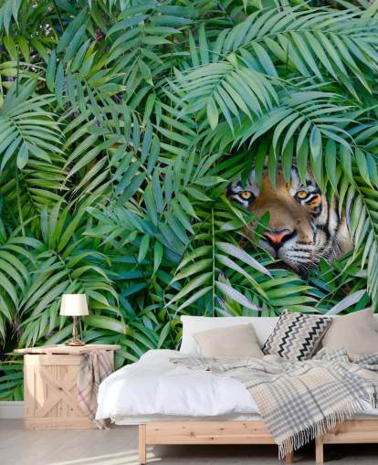 vihreä muokattava tiikeri-taustakuvamaalaus nimeltä Tiger Hide and Seek oleskelutiloihin vihreä muokattava tiikeri-taustakuvamaalaus nimeltä Tiger Hide and Seek oleskelutiloihin