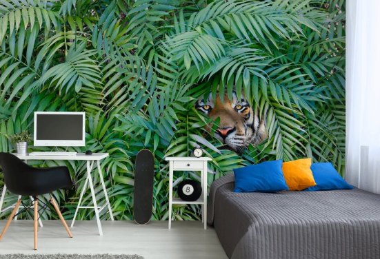 grønt tilpassbart tiger tapetmaleri kaldet Tiger Hide and Seek til lounger
