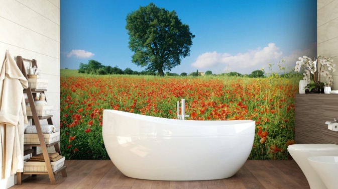 Poppy Field op een zonnige dag behang