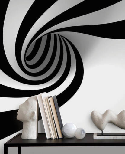 Schwarz-Weiß-3D-Tapeten-Wandbild namens Abstract Spiral für Schlafzimmer und Heimbüros Schwarz-Weiß-3D-Tapeten-Wandbild namens Abstract Spiral für Schlafzimmer und Heimbüros