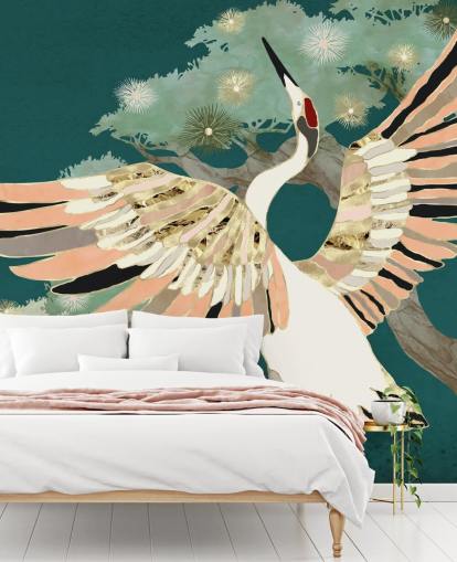 green background with oriental trees and white crane with pink and gold coloured wings wallpaper green background with oriental trees and white crane with pink and gold coloured wings wallpaper