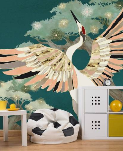 green background with oriental trees and white crane with pink and gold coloured wings wallpaper green background with oriental trees and white crane with pink and gold coloured wings wallpaper