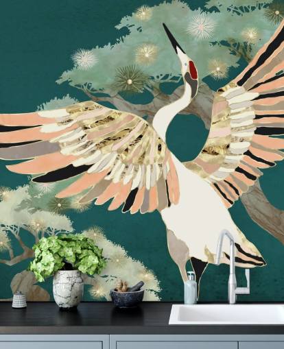 fundo verde com árvores orientais e guindaste branco com asas cor de rosa e dourado papel de parede fundo verde com árvores orientais e guindaste branco com asas cor de rosa e dourado papel de parede