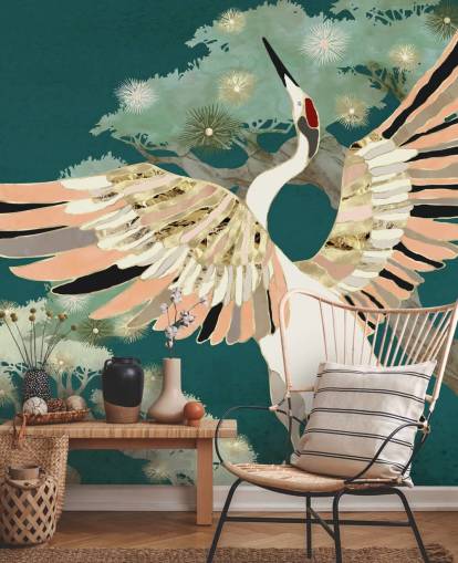 green background with oriental trees and white crane with pink and gold coloured wings wallpaper green background with oriental trees and white crane with pink and gold coloured wings wallpaper