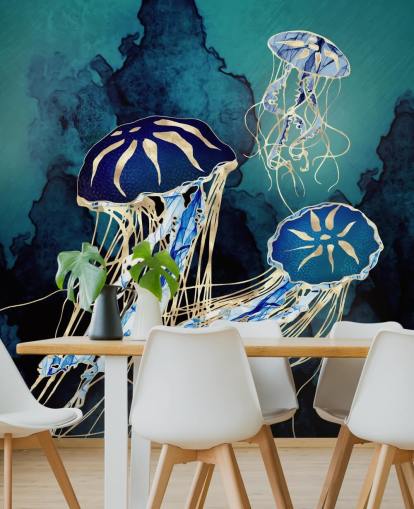 papier peint mural de méduses bleues et dorées appelé Floating Jellyfish III par SpaceFrog Designs pour les chambres, les salles de bain et les couloirs papier peint mural de méduses bleues et dorées appelé Floating Jellyfish III par SpaceFrog Designs pour les chambres, les salles de bain et les couloirs