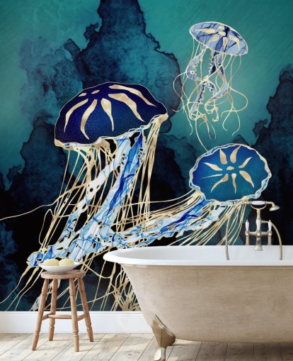 blå og guld vandmænd tapetmaleri kaldet Floating Jellyfish III af SpaceFrog Design til soveværelser, badeværelser og gange blå og guld vandmænd tapetmaleri kaldet Floating Jellyfish III af SpaceFrog Design til soveværelser, badeværelser og gange