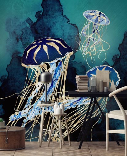 blue and gold jellyfish wallpaper mural called Floating Jellyfish III by SpaceFrog Designs for bedrooms, bathrooms and hallways blue and gold jellyfish wallpaper mural called Floating Jellyfish III by SpaceFrog Designs for bedrooms, bathrooms and hallways