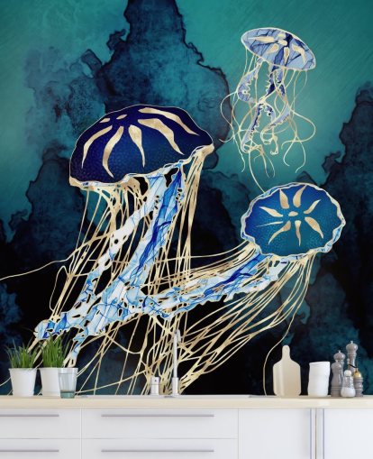papier peint mural de méduses bleues et dorées appelé Floating Jellyfish III par SpaceFrog Designs pour les chambres, les salles de bain et les couloirs papier peint mural de méduses bleues et dorées appelé Floating Jellyfish III par SpaceFrog Designs pour les chambres, les salles de bain et les couloirs