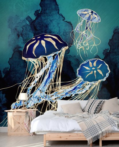 sininen ja kultainen meduusan taustakuvamaalaus nimeltä Floating Jellyfish III by SpaceFrog Designs makuuhuoneisiin, kylpyhuoneisiin ja käytäviin sininen ja kultainen meduusan taustakuvamaalaus nimeltä Floating Jellyfish III by SpaceFrog Designs makuuhuoneisiin, kylpyhuoneisiin ja käytäviin