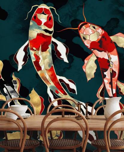 dark green background with red, black, grey and gold coloured koi fish wallpaper dark green background with red, black, grey and gold coloured koi fish wallpaper