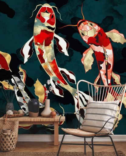 dark green background with red, black, grey and gold coloured koi fish wallpaper dark green background with red, black, grey and gold coloured koi fish wallpaper