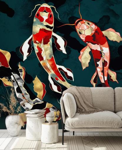 fondo verde oscuro con papel pintado de peces koi de color rojo, negro, gris y dorado fondo verde oscuro con papel pintado de peces koi de color rojo, negro, gris y dorado
