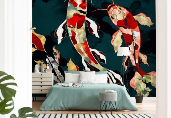 fundo verde escuro com papel de parede de peixe koi vermelho, preto, cinza e dourado