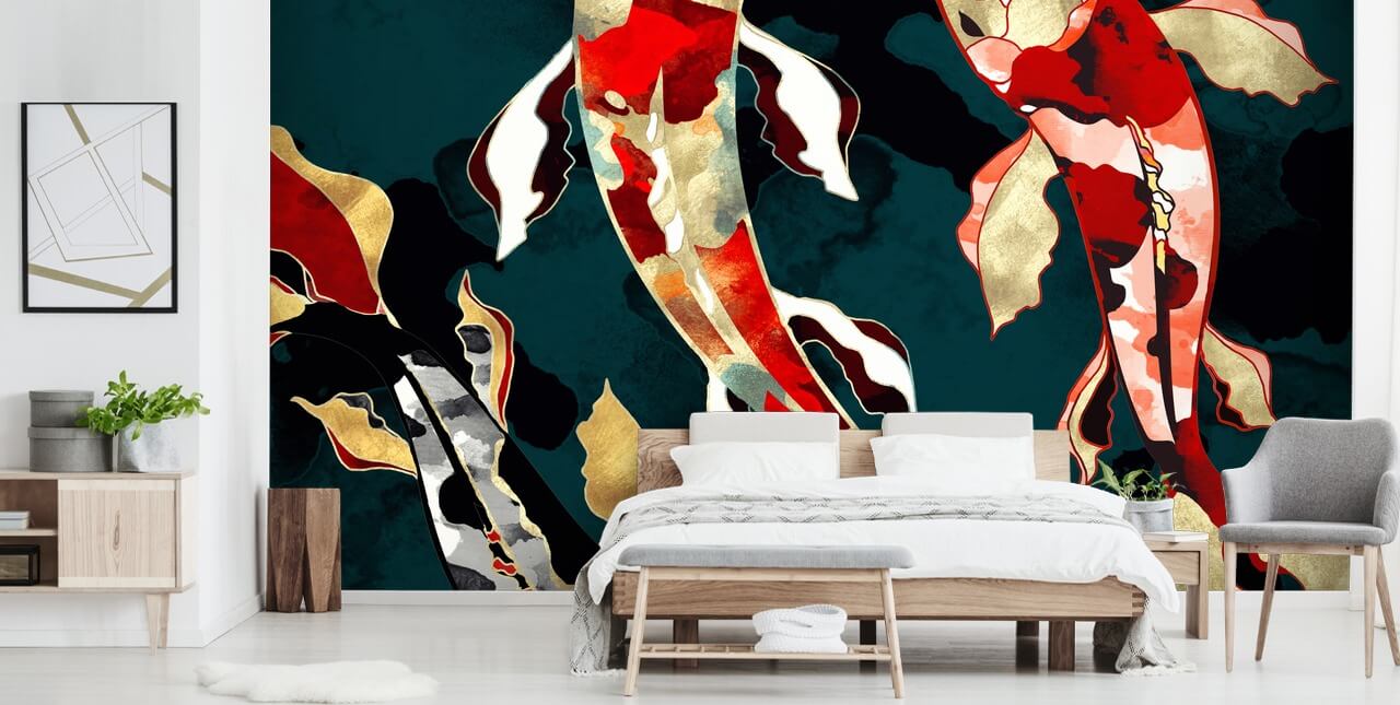 fundo verde escuro com papel de parede de peixe koi vermelho, preto, cinza e dourado