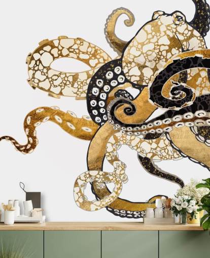 svart och guld abstrakt bläckfisk tapetväggmålning kallad Glam Octopus av SpaceFrog Design för vardagsrum och badrum svart och guld abstrakt bläckfisk tapetväggmålning kallad Glam Octopus av SpaceFrog Design för vardagsrum och badrum
