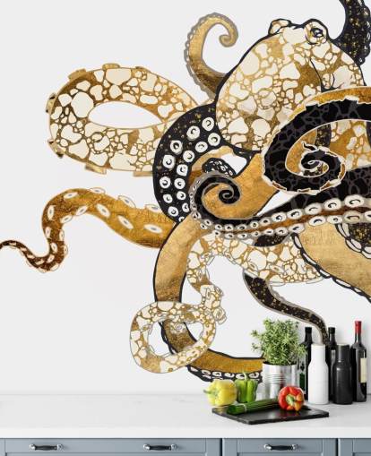 black and gold abstract octopus wallpaper mural called Glam Octopus by SpaceFrog Designs for living rooms and bathrooms black and gold abstract octopus wallpaper mural called Glam Octopus by SpaceFrog Designs for living rooms and bathrooms
