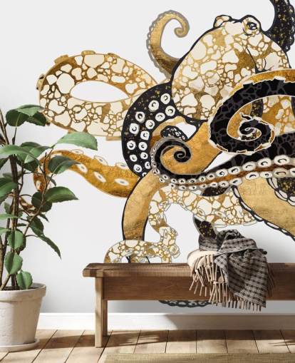 sort og guld abstrakt blæksprutte tapetmaleri kaldet Glam Octopus af SpaceFrog Design til stuer og badeværelser sort og guld abstrakt blæksprutte tapetmaleri kaldet Glam Octopus af SpaceFrog Design til stuer og badeværelser