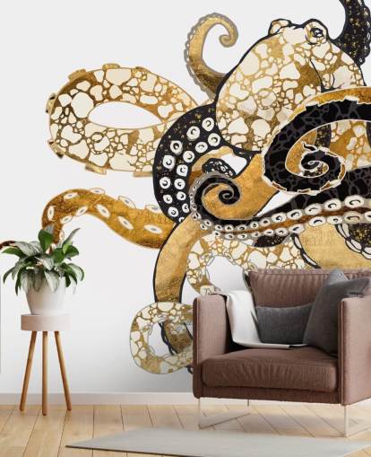 black and gold abstract octopus wallpaper mural called Glam Octopus by SpaceFrog Designs for living rooms and bathrooms black and gold abstract octopus wallpaper mural called Glam Octopus by SpaceFrog Designs for living rooms and bathrooms