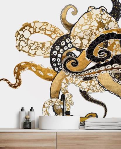 sort og guld abstrakt blæksprutte tapetmaleri kaldet Glam Octopus af SpaceFrog Design til stuer og badeværelser sort og guld abstrakt blæksprutte tapetmaleri kaldet Glam Octopus af SpaceFrog Design til stuer og badeværelser