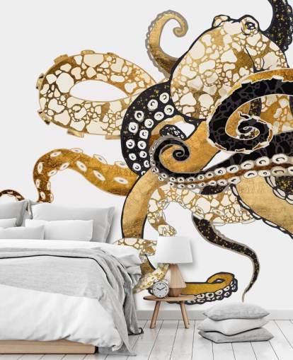svart och guld abstrakt bläckfisk tapetväggmålning kallad Glam Octopus av SpaceFrog Design för vardagsrum och badrum svart och guld abstrakt bläckfisk tapetväggmålning kallad Glam Octopus av SpaceFrog Design för vardagsrum och badrum