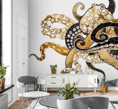 musta ja kultainen abstrakti mustekalan taustakuvamaalaus nimeltä Glam Octopus by SpaceFrog Designs olohuoneisiin ja kylpyhuoneisiin