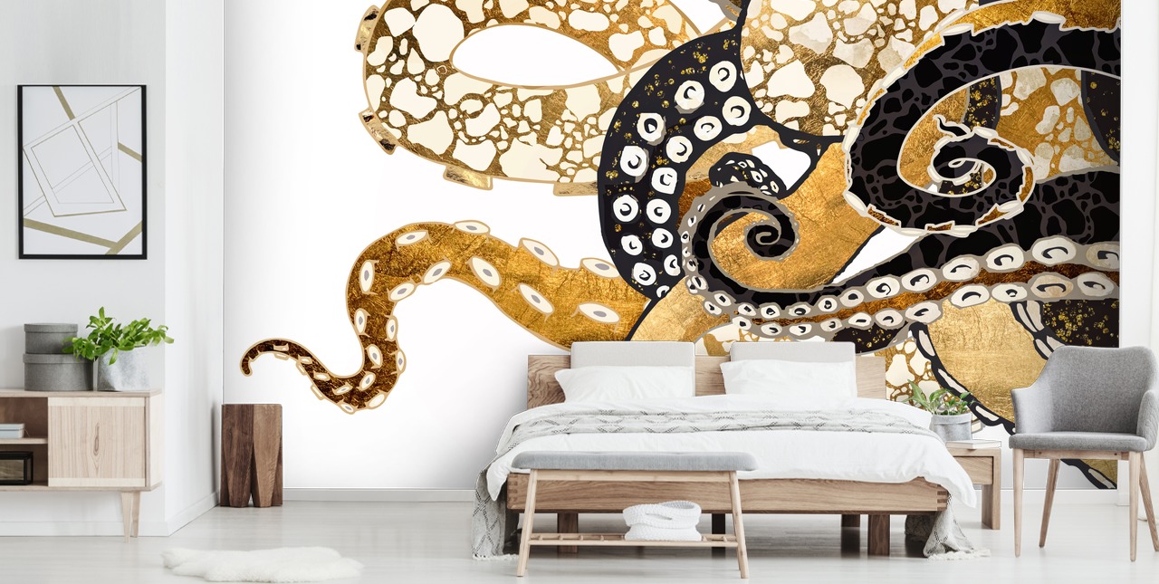 papier peint mural abstrait en forme de poulpe noir et doré appelé Glam Octopus par SpaceFrog Designs pour les salons et les salles de bain