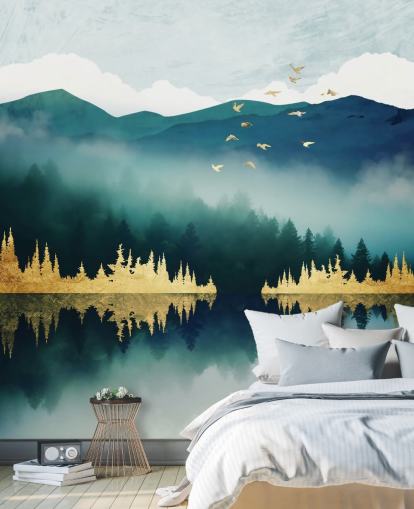 blågrön, marinblå och guld abstrakt sjö och berg tapetväggmålning som heter Mist Reflection av SpaceFrog Designs blågrön, marinblå och guld abstrakt sjö och berg tapetväggmålning som heter Mist Reflection av SpaceFrog Designs