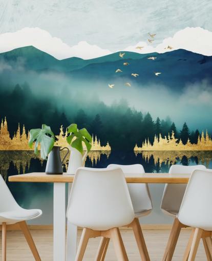 blågrön, marinblå och guld abstrakt sjö och berg tapetväggmålning som heter Mist Reflection av SpaceFrog Designs blågrön, marinblå och guld abstrakt sjö och berg tapetväggmålning som heter Mist Reflection av SpaceFrog Designs