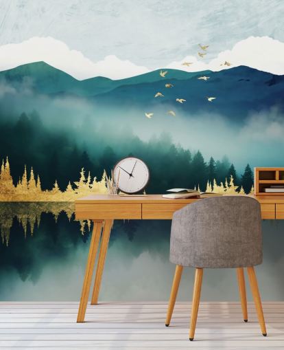 blågrøn, marineblå og guld abstrakt sø- og bjergtapetmaleri kaldet Mist Reflection af SpaceFrog Designs blågrøn, marineblå og guld abstrakt sø- og bjergtapetmaleri kaldet Mist Reflection af SpaceFrog Designs