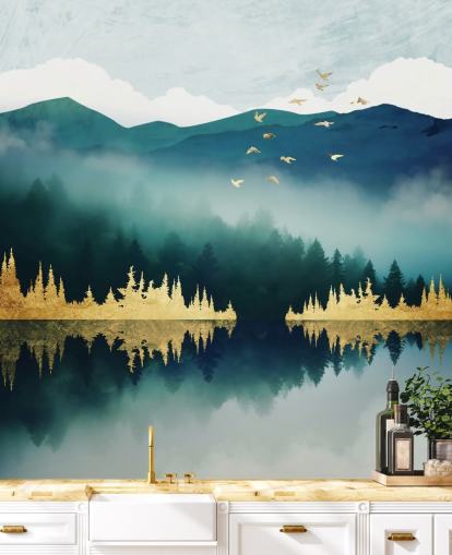 blågrön, marinblå och guld abstrakt sjö och berg tapetväggmålning som heter Mist Reflection av SpaceFrog Designs blågrön, marinblå och guld abstrakt sjö och berg tapetväggmålning som heter Mist Reflection av SpaceFrog Designs
