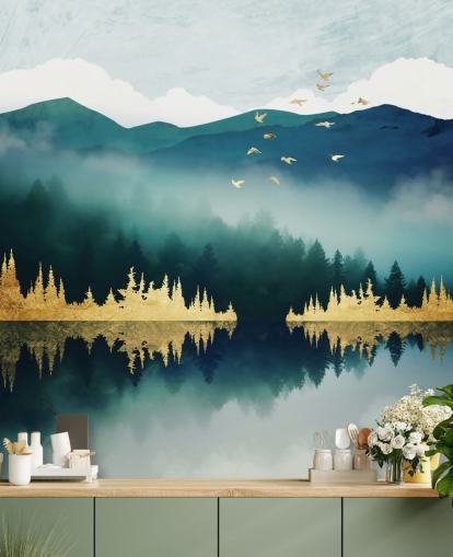 teal, navy and gold abstract lake and mountain wallpaper mural called Mist Reflection by SpaceFrog Designs teal, navy and gold abstract lake and mountain wallpaper mural called Mist Reflection by SpaceFrog Designs