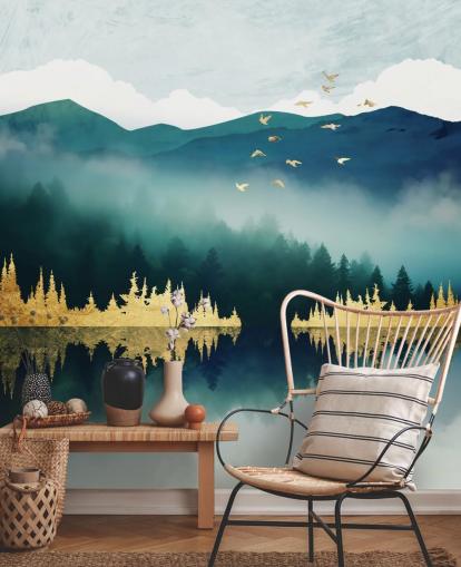 abstrakte See- und Bergtapete in Blaugrün, Marineblau und Gold namens Mist Reflection von SpaceFrog Designs abstrakte See- und Bergtapete in Blaugrün, Marineblau und Gold namens Mist Reflection von SpaceFrog Designs