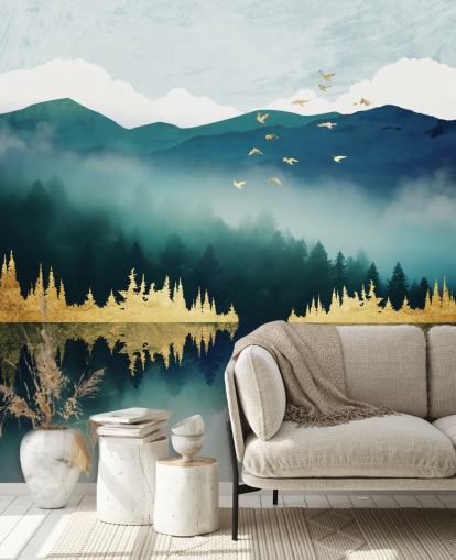 teal, navy and gold abstract lake and mountain wallpaper mural called Mist Reflection by SpaceFrog Designs teal, navy and gold abstract lake and mountain wallpaper mural called Mist Reflection by SpaceFrog Designs