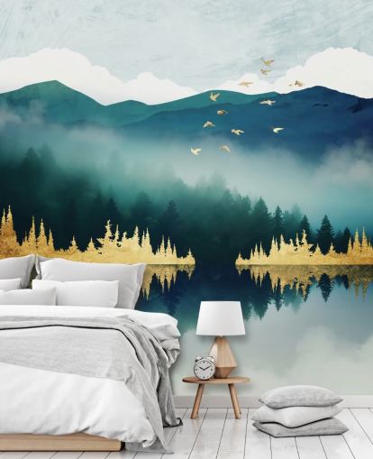 blågrön, marinblå och guld abstrakt sjö och berg tapetväggmålning som heter Mist Reflection av SpaceFrog Designs blågrön, marinblå och guld abstrakt sjö och berg tapetväggmålning som heter Mist Reflection av SpaceFrog Designs