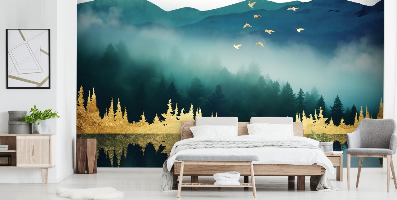 teal, navy and gold abstract lake and mountain wallpaper mural called Mist Reflection by SpaceFrog Designs