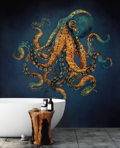 navy and gold customisable octopus wallpaper mural called Underwater Dream IV by SpaceFrog Designs for bathrooms navy and gold customisable octopus wallpaper mural called Underwater Dream IV by SpaceFrog Designs for bathrooms