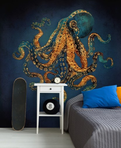 papier peint mural personnalisable en forme de poulpe bleu marine et doré appelé Underwater Dream IV par SpaceFrog Designs pour salles de bains papier peint mural personnalisable en forme de poulpe bleu marine et doré appelé Underwater Dream IV par SpaceFrog Designs pour salles de bains