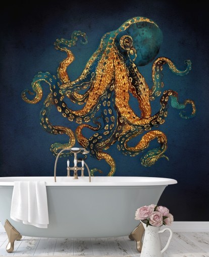 navy and gold customisable octopus wallpaper mural called Underwater Dream IV by SpaceFrog Designs for bathrooms navy and gold customisable octopus wallpaper mural called Underwater Dream IV by SpaceFrog Designs for bathrooms