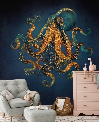 navy and gold customisable octopus wallpaper mural called Underwater Dream IV by SpaceFrog Designs for bathrooms navy and gold customisable octopus wallpaper mural called Underwater Dream IV by SpaceFrog Designs for bathrooms