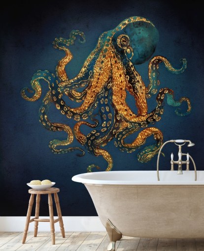 navy and gold customisable octopus wallpaper mural called Underwater Dream IV by SpaceFrog Designs for bathrooms navy and gold customisable octopus wallpaper mural called Underwater Dream IV by SpaceFrog Designs for bathrooms