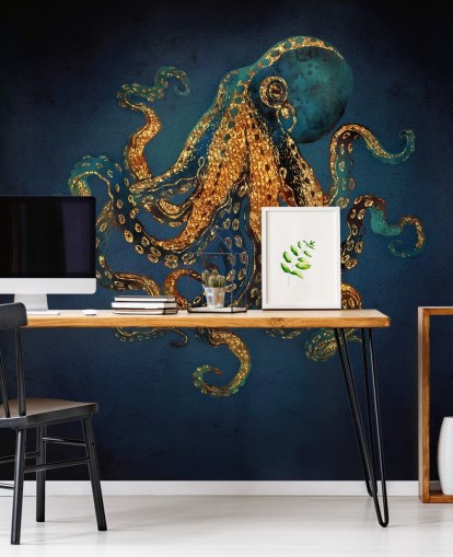 mural de papel pintado de pulpos personalizable en azul marino y dorado llamado Underwater Dream IV de SpaceFrog Designs para baños mural de papel pintado de pulpos personalizable en azul marino y dorado llamado Underwater Dream IV de SpaceFrog Designs para baños