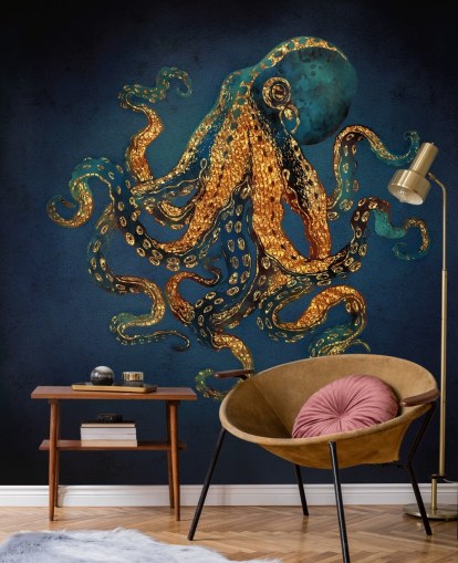 navy and gold customisable octopus wallpaper mural called Underwater Dream IV by SpaceFrog Designs for bathrooms navy and gold customisable octopus wallpaper mural called Underwater Dream IV by SpaceFrog Designs for bathrooms