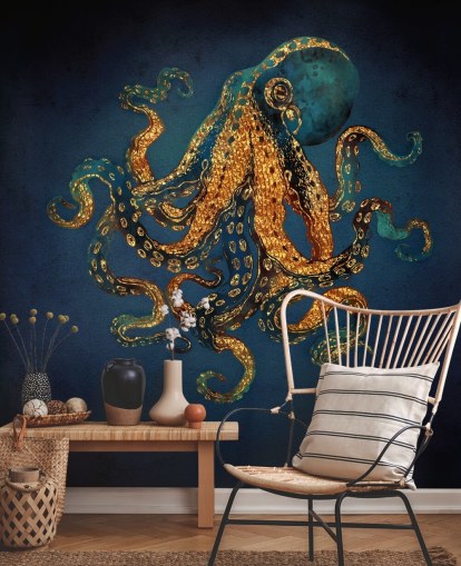 navy and gold customizable octopus wallpaper mural called Underwater Dream IV by SpaceFrog Designs for bathrooms navy and gold customizable octopus wallpaper mural called Underwater Dream IV by SpaceFrog Designs for bathrooms