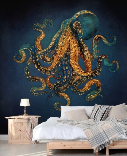 papier peint mural personnalisable en forme de poulpe bleu marine et doré appelé Underwater Dream IV par SpaceFrog Designs pour salles de bains papier peint mural personnalisable en forme de poulpe bleu marine et doré appelé Underwater Dream IV par SpaceFrog Designs pour salles de bains