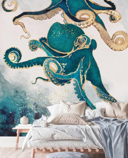 blågrøn og guld blæksprutte tapetmaleri kaldet Underwater Dream V af SpaceFrog Designs til soveværelser og badeværelser blågrøn og guld blæksprutte tapetmaleri kaldet Underwater Dream V af SpaceFrog Designs til soveværelser og badeværelser