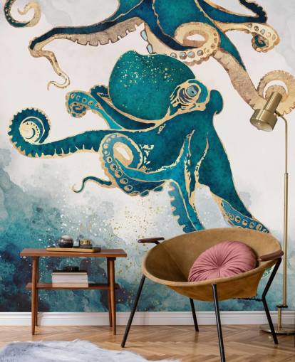 teal green and gold octopus wallpaper mural called Underwater Dream V by SpaceFrog Designs for bedrooms and bathrooms teal green and gold octopus wallpaper mural called Underwater Dream V by SpaceFrog Designs for bedrooms and bathrooms