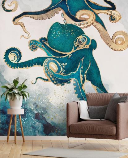 Blaugrünes und goldenes Tintenfisch-Tapeten-Wandbild namens Underwater Dream V von SpaceFrog Designs für Schlafzimmer und Badezimmer Blaugrünes und goldenes Tintenfisch-Tapeten-Wandbild namens Underwater Dream V von SpaceFrog Designs für Schlafzimmer und Badezimmer